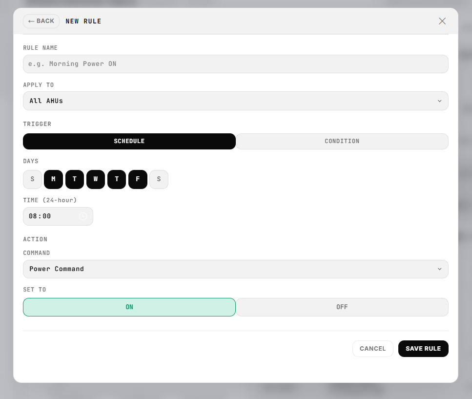 Clouder Connect new rule form for scheduling HVAC power commands
