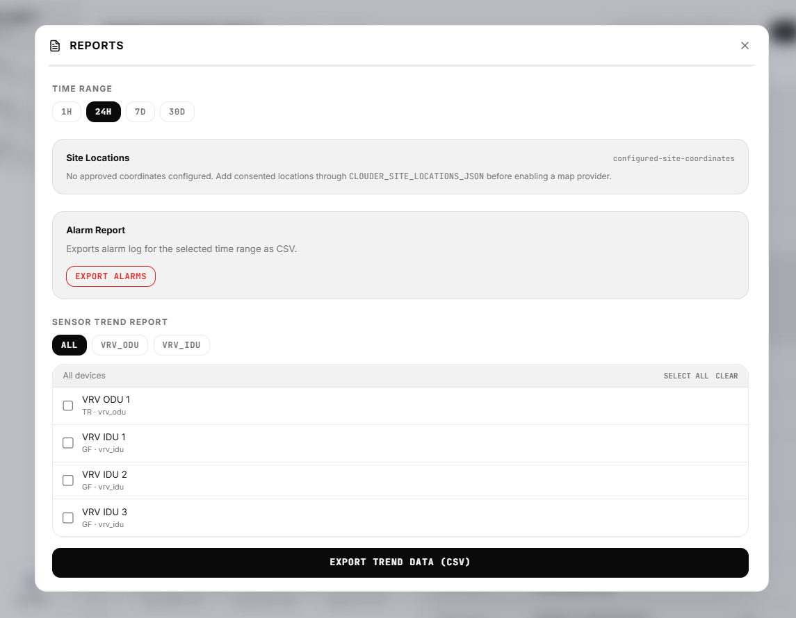 Clouder Connect reports screen with time range controls, alarm export, and sensor trend selections