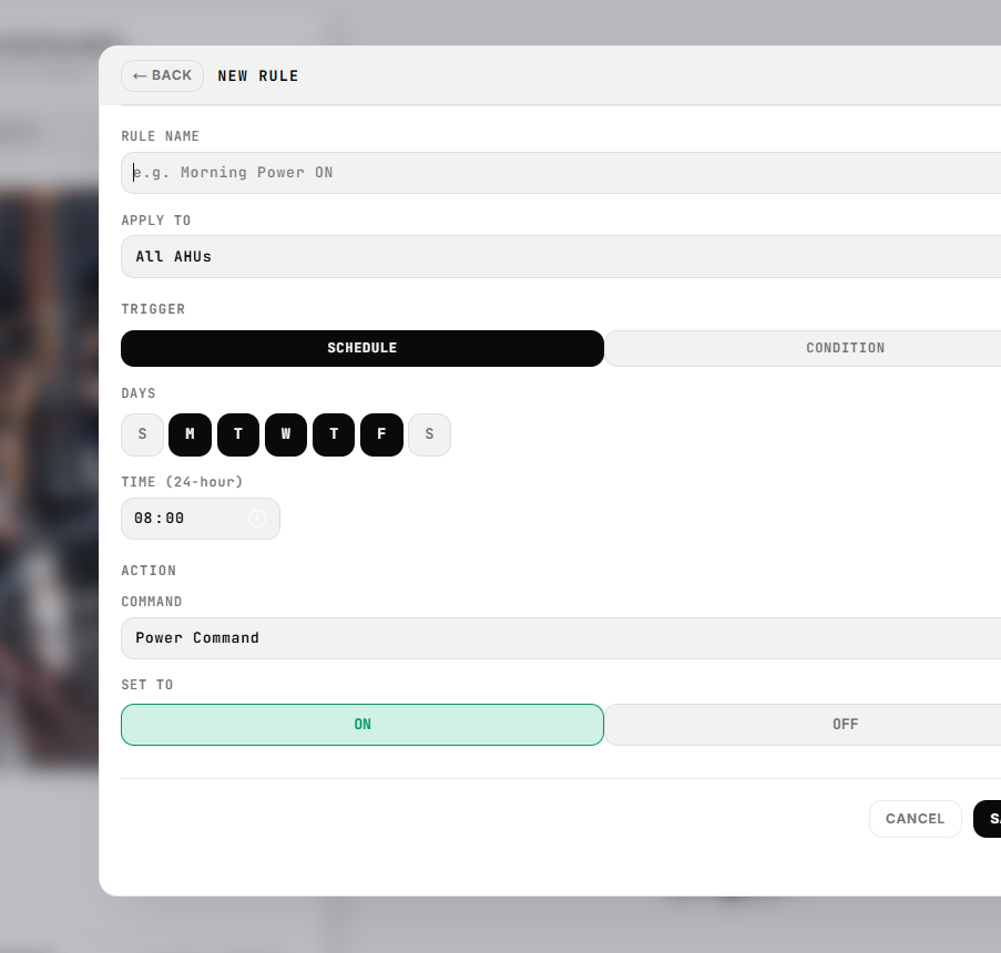 Clouder Connect automation rule screen for scheduling HVAC power commands