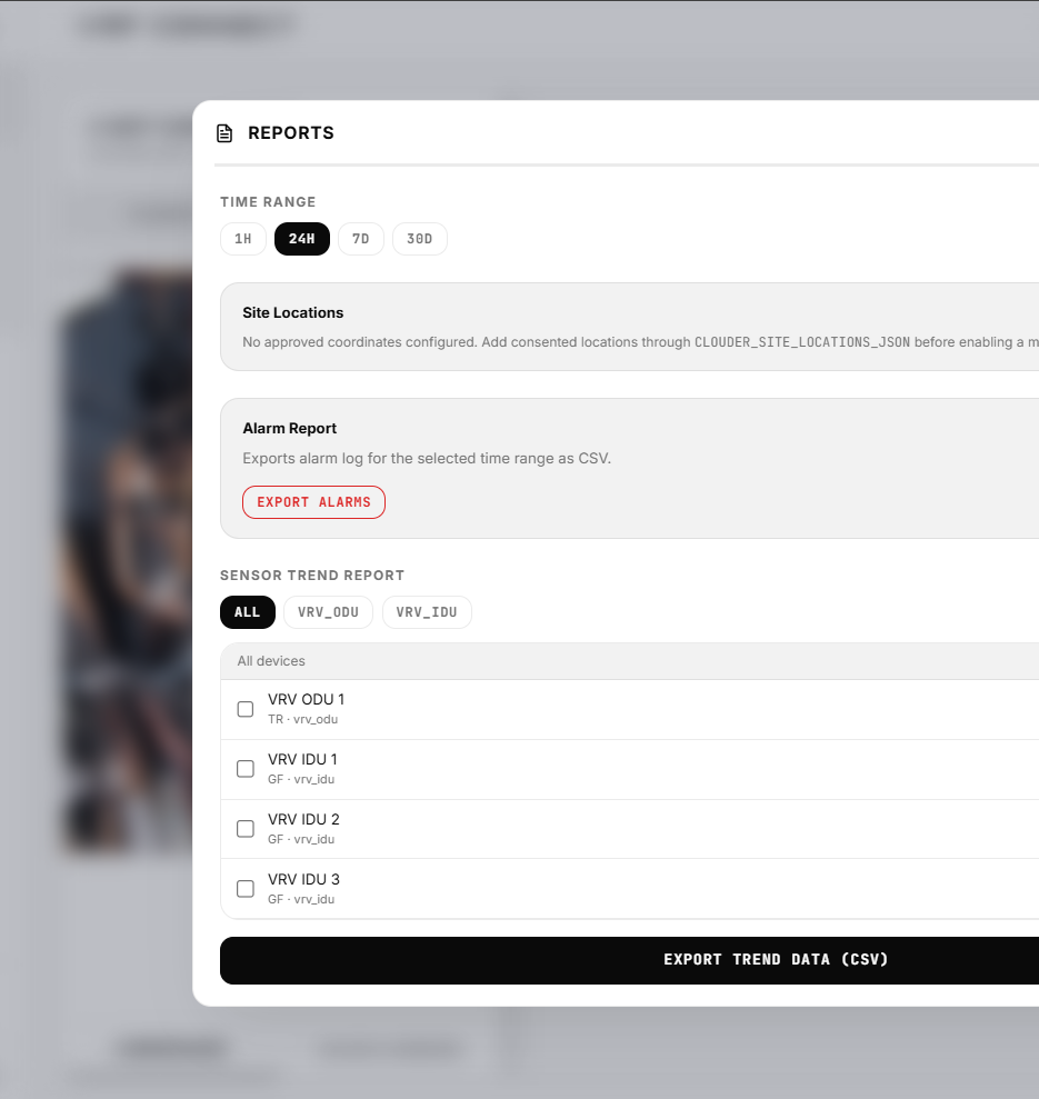 Clouder Connect Reports screen with trend windows, alarm export, and sensor trend data
